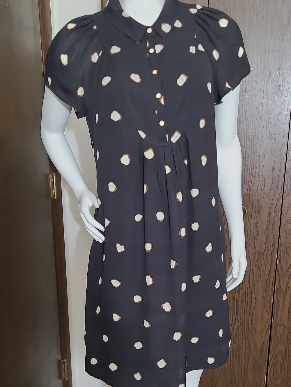 100% Silk Kate Spade Black Short Sleeve Mini Dress with Cream Spot Print